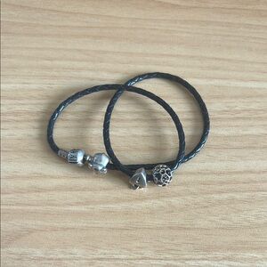 Pandora Black Leather Bracelets with Silver Charms